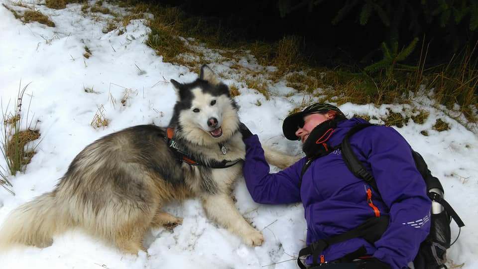A husky and the author lying in the snow